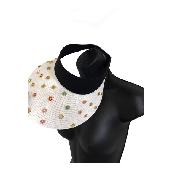 White black bejeweled faux precious‎ stones raffia straw sun visor hat new main image 8